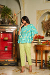 Leah – Turquoise Floral Hand Printed Cotton Kaftan Top with Chevron Tapered Pants
