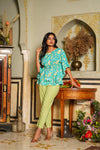 Leah – Turquoise Floral Hand Printed Cotton Kaftan Top with Chevron Tapered Pants