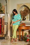Leah – Turquoise Floral Hand Printed Cotton Kaftan Top with Chevron Tapered Pants