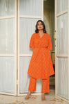 Cleo – Orange Hand Printed Cotton Front-Knot Tunic and Pants Co-Ord Set