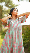 Poppy – Mint Green Floral Hand Printed Cotton Short Tiered Dress with Tassel Sleeves