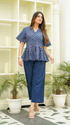 Eliza – Indigo Hand Printed Cotton Peplum Top with Indigo Pants Co-Ord Set