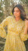 Buttercup – Yellow Floral Hand Printed Cotton Short Dress with Ruffle Neckline