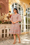 Rosie – Pink Floral Hand Printed Cotton Short Dress with Tassel Side Ties