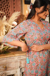 Rosie – Pink Floral Hand Printed Cotton Short Dress with Tassel Side Ties