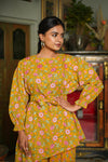 Bella – Mustard Floral Hand Printed Cotton Asymmetric Top with Booti Pants