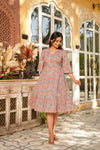 Rosie – Pink Floral Hand Printed Cotton Short Dress with Tassel Side Ties