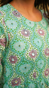 Ivy – Green Floral Hand Printed Cotton Three-Tier Long Dress with Mirror Work