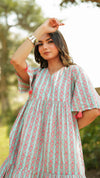 Poppy – Mint Green Floral Hand Printed Cotton Short Tiered Dress with Tassel Sleeves