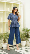 Eliza – Indigo Hand Printed Cotton Peplum Top with Indigo Pants Co-Ord Set