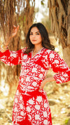 Scarlett – Red Floral Printed Cotton Bodycon Midi Dress with Lace Trim