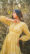 Buttercup – Yellow Floral Hand Printed Cotton Short Dress with Ruffle Neckline