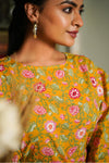Bella – Mustard Floral Hand Printed Cotton Asymmetric Top with Booti Pants