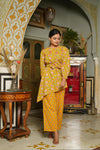 Bella – Mustard Floral Hand Printed Cotton Asymmetric Top with Booti Pants