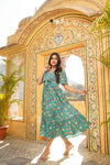 Jade – Teal Floral Hand Printed Cotton Kantha Midi Dress with Front Knot