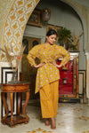 Bella – Mustard Floral Hand Printed Cotton Asymmetric Top with Booti Pants