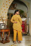 Bella – Mustard Floral Hand Printed Cotton Asymmetric Top with Booti Pants