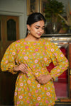 Bella – Mustard Floral Hand Printed Cotton Asymmetric Top with Booti Pants