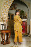 Bella – Mustard Floral Hand Printed Cotton Asymmetric Top with Booti Pants