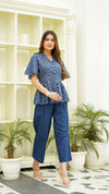Eliza – Indigo Hand Printed Cotton Peplum Top with Indigo Pants Co-Ord Set