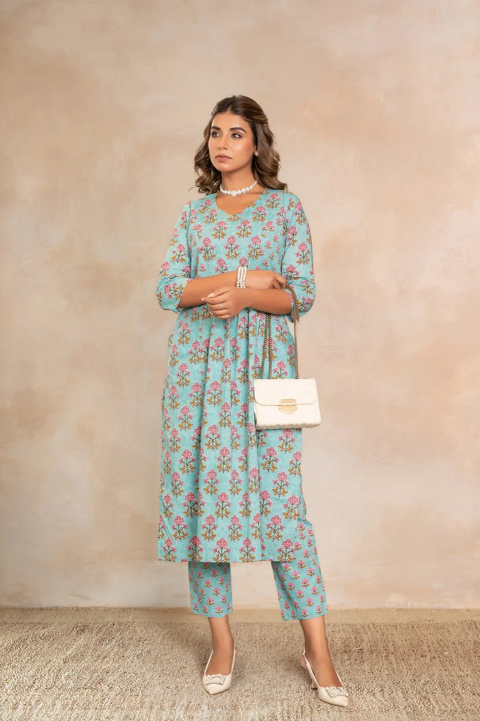 Firozi – Turquoise Floral Boota Hand Printed Cotton Kurta Set with Pants