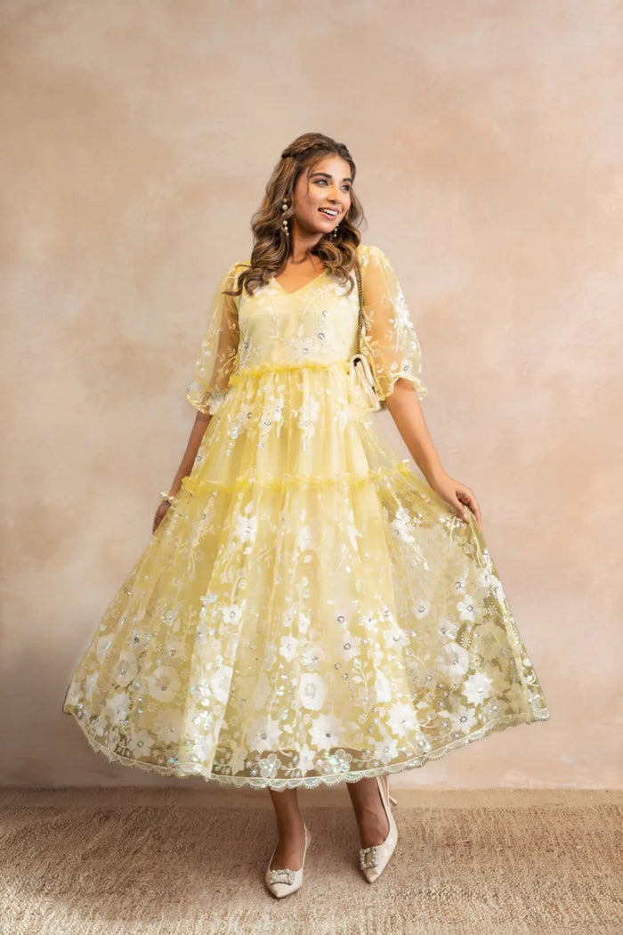 Aurora – Lemon Yellow Embroidered Net Two-Tier Midi Dress