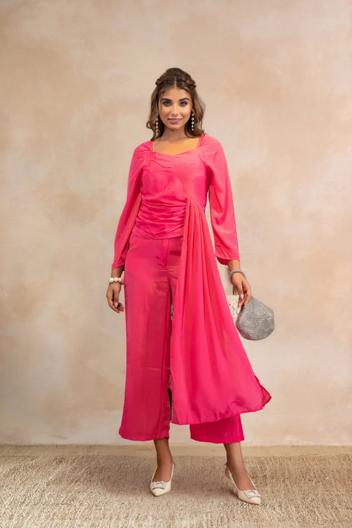 Valentina – Fuchsia Pink French Crepe Draped Flare Top with Pants Set