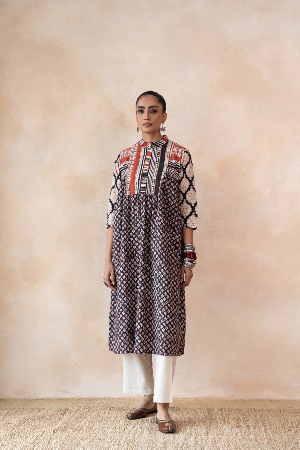 Aabha – Black & Red Hand Block Printed Kurta Set with off White Pants