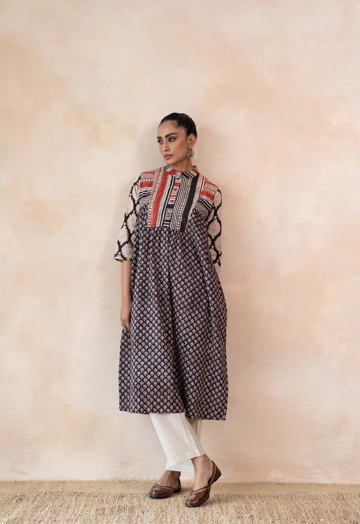 Aabha – Black & Red Hand Block Printed Kurta Set with off White Pants