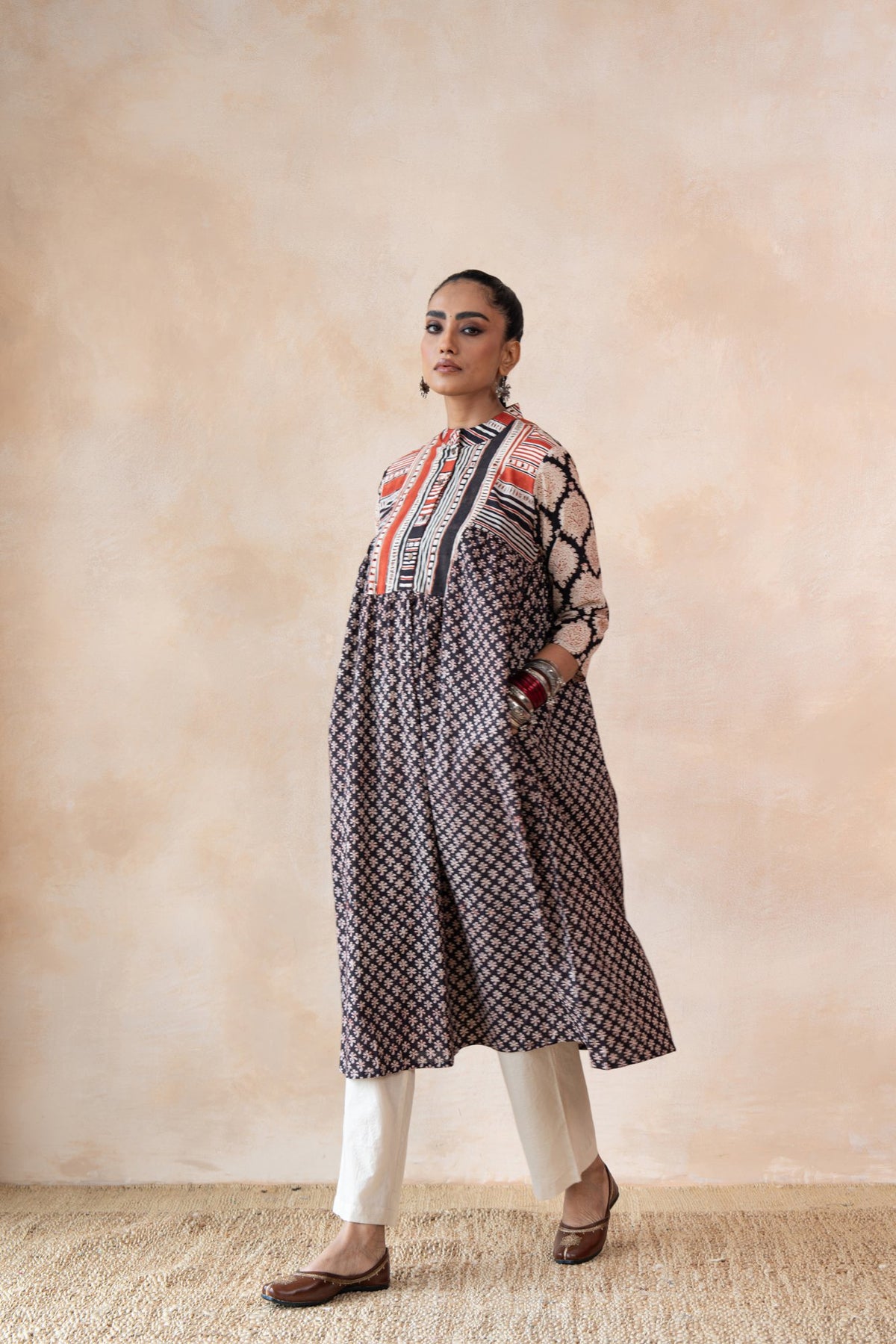 Aabha – Black & Red Hand Block Printed Kurta Set with off White Pants