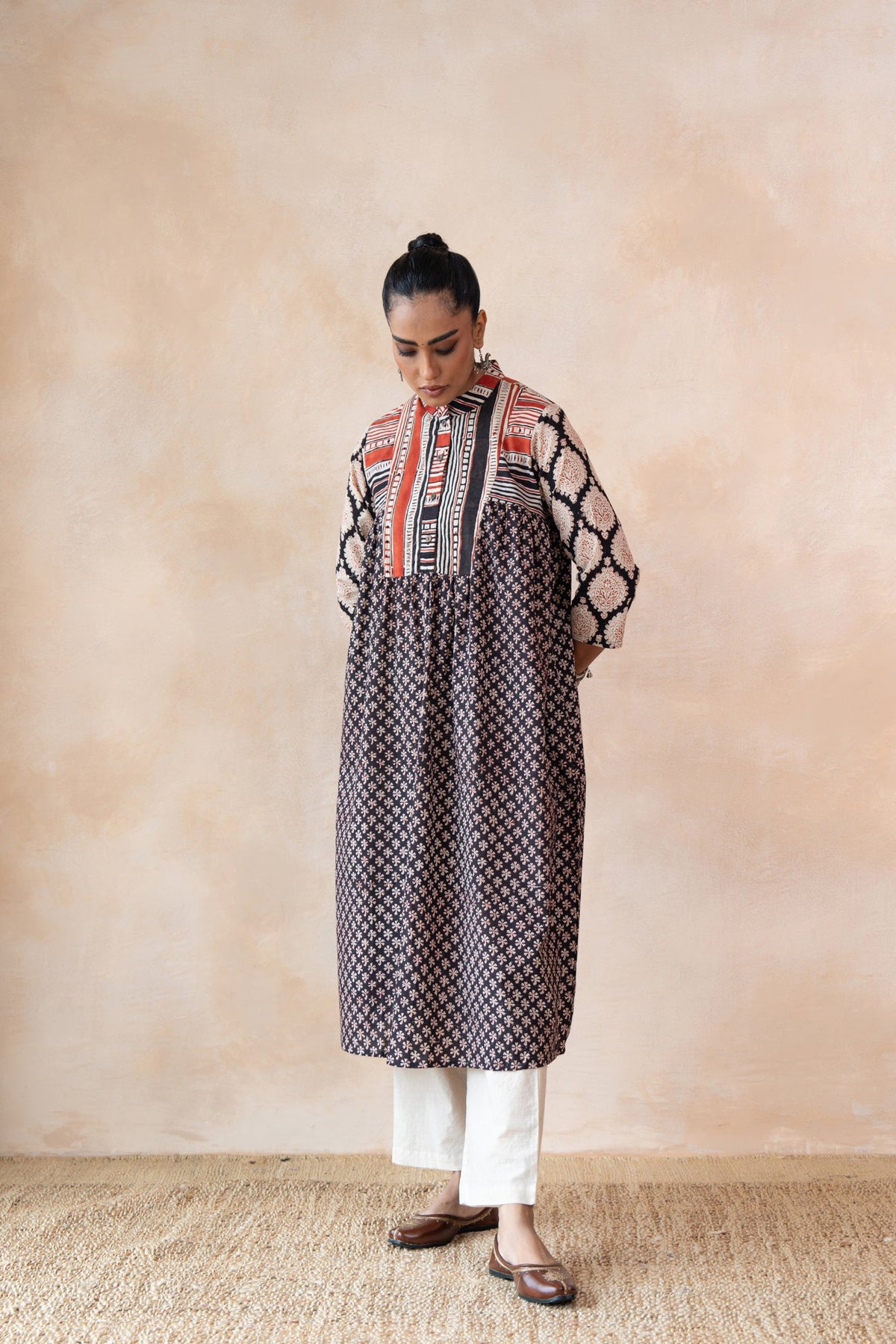 Aabha – Black & Red Hand Block Printed Kurta Set with off White Pants