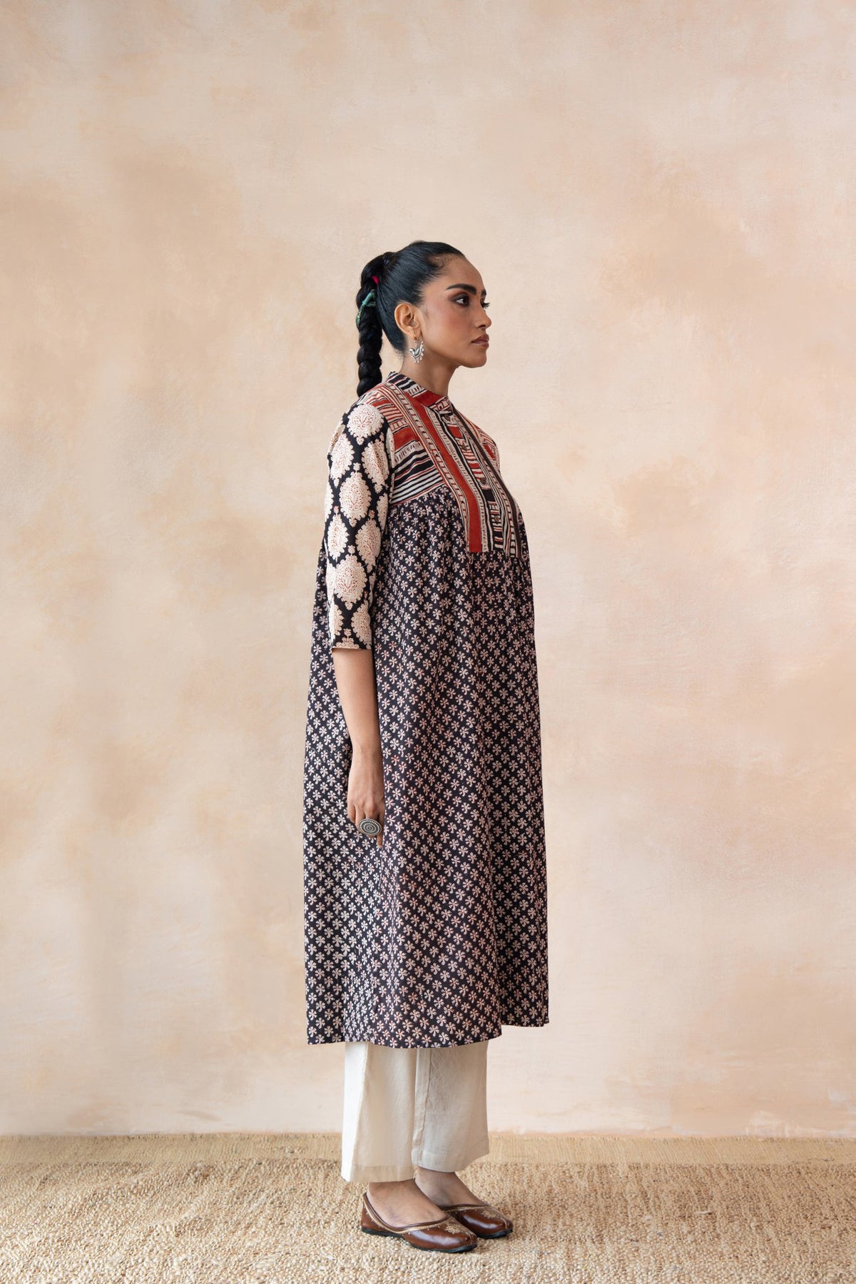 Aabha – Black & Red Hand Block Printed Kurta Set with off White Pants