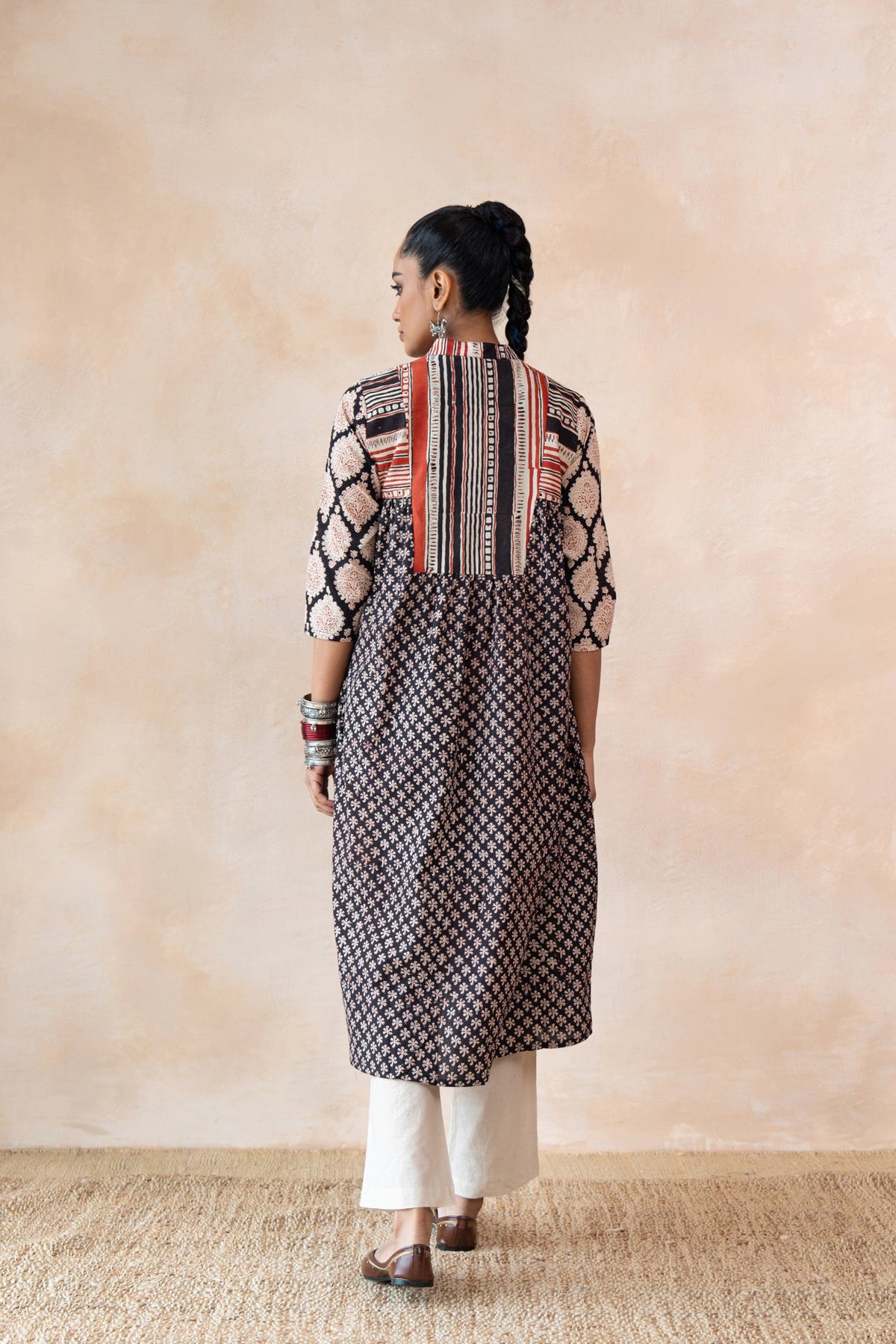 Aabha – Black & Red Hand Block Printed Kurta Set with off White Pants