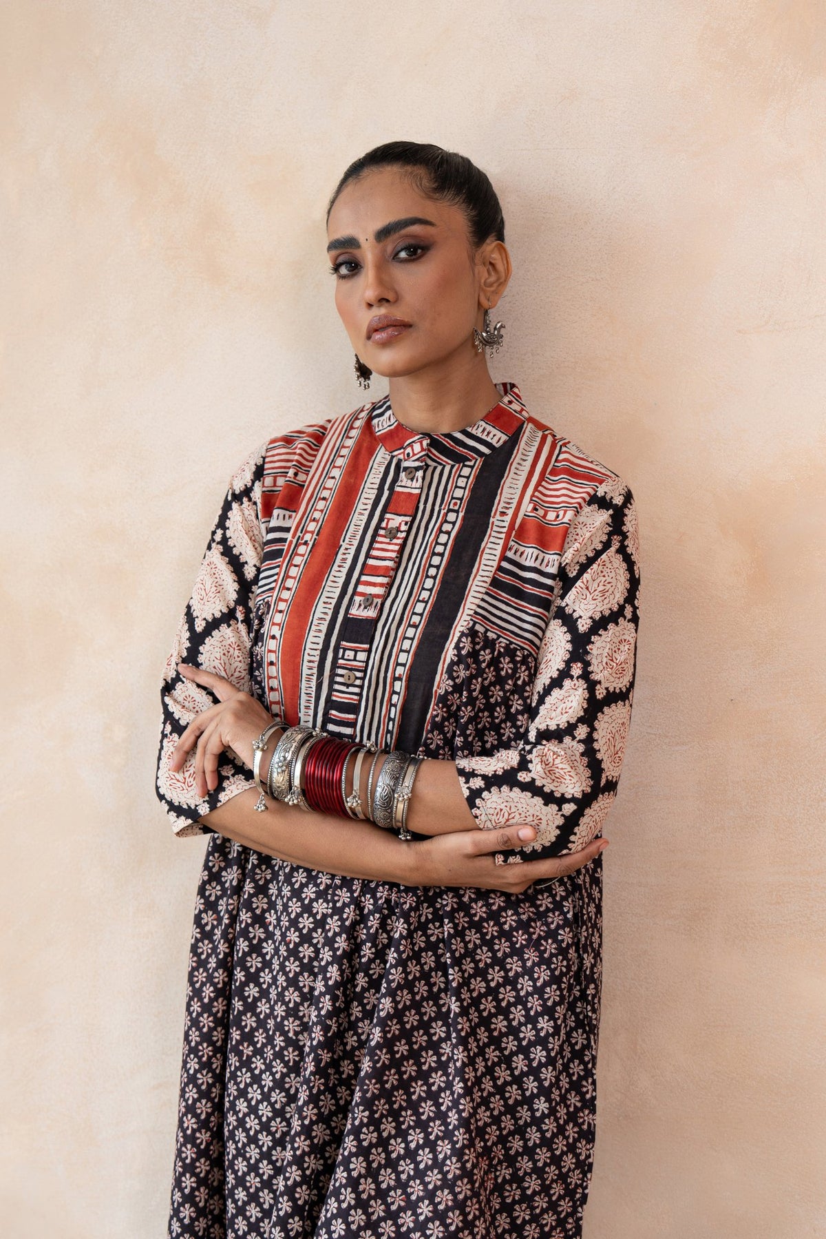Aabha – Black & Red Hand Block Printed Kurta Set with off White Pants