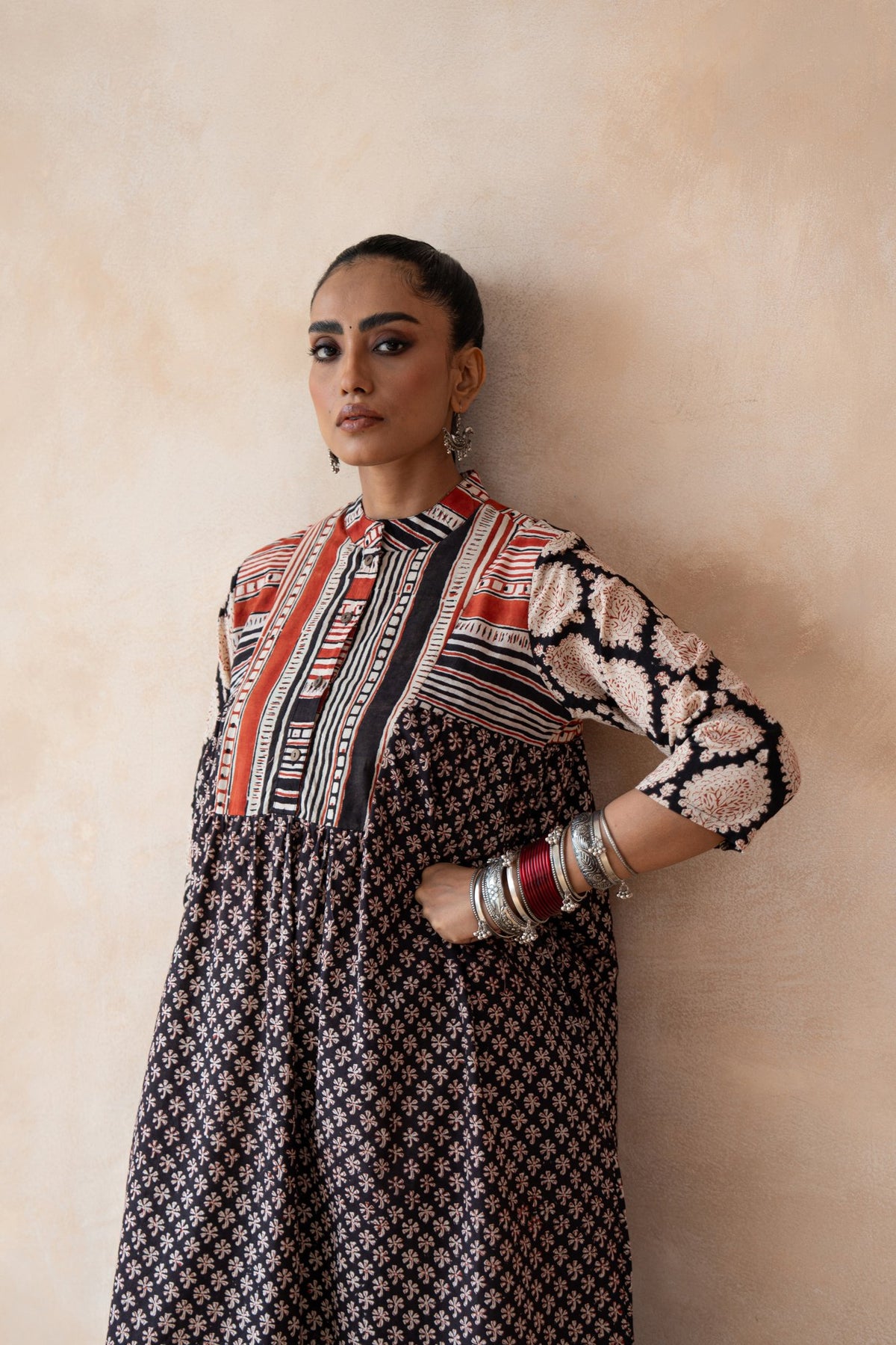 Aabha – Black & Red Hand Block Printed Kurta Set with off White Pants