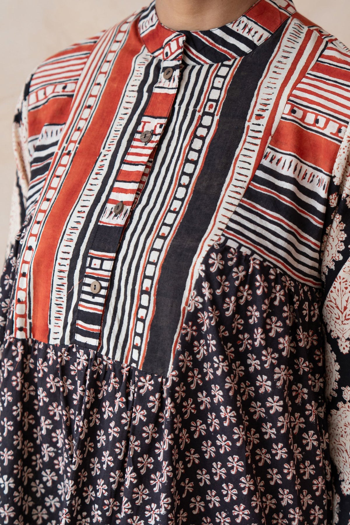 Aabha – Black & Red Hand Block Printed Kurta Set with off White Pants