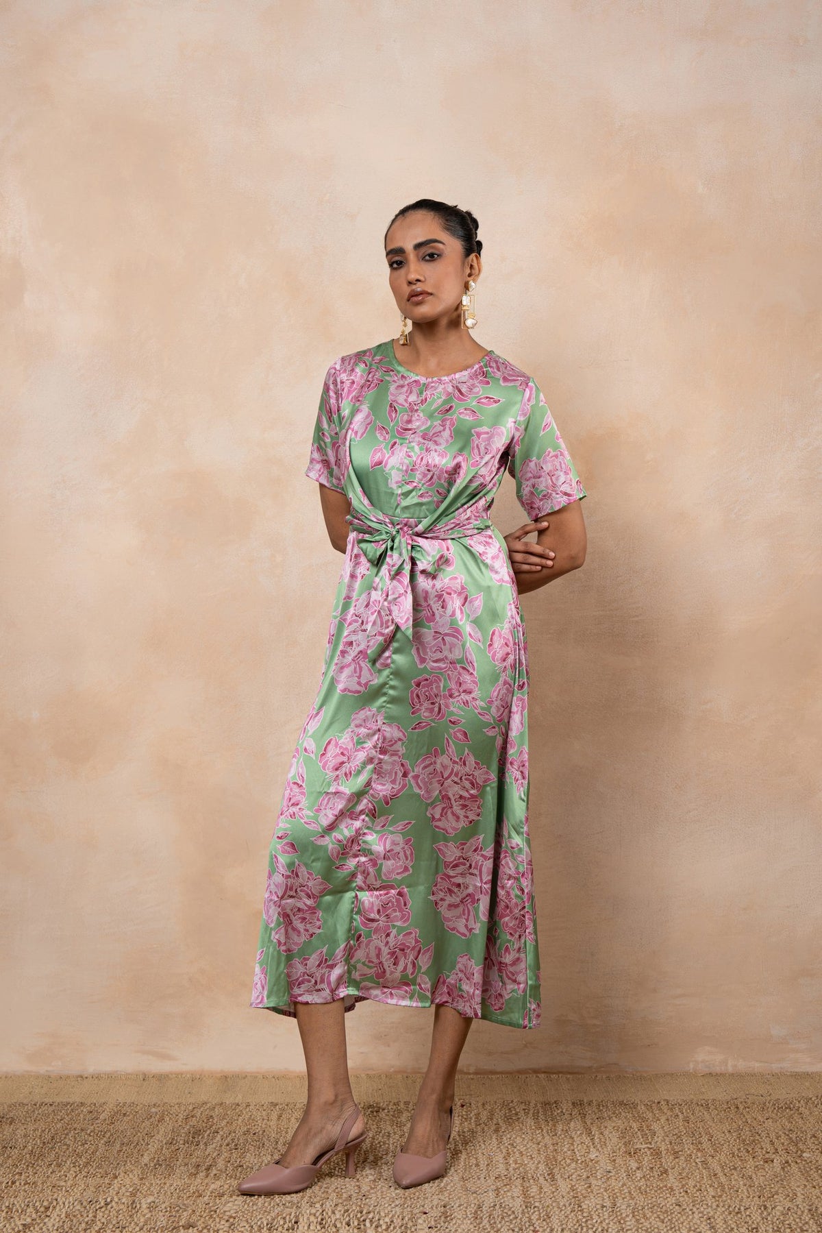 Amara – Mint Green Floral Satin Front-Knot Midi Dress