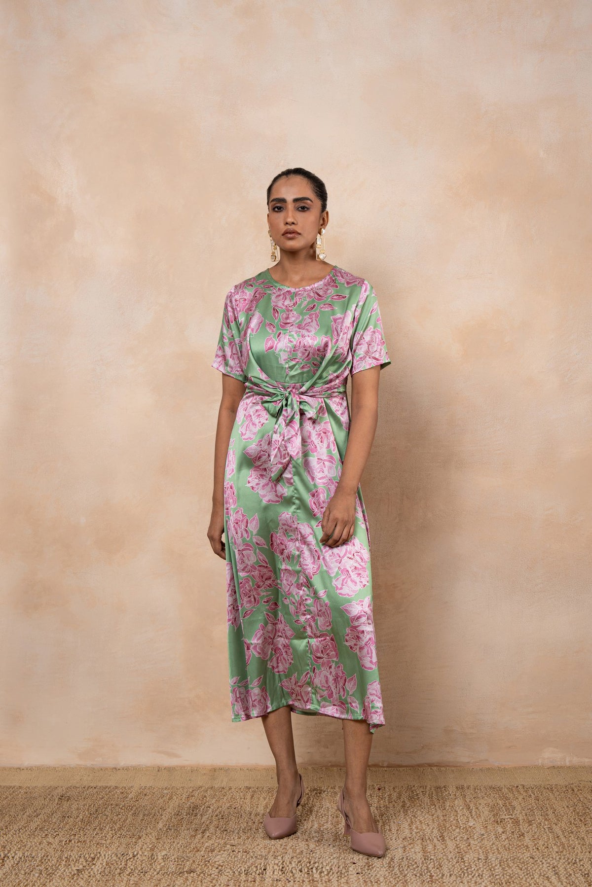 Amara – Mint Green Floral Satin Front-Knot Midi Dress