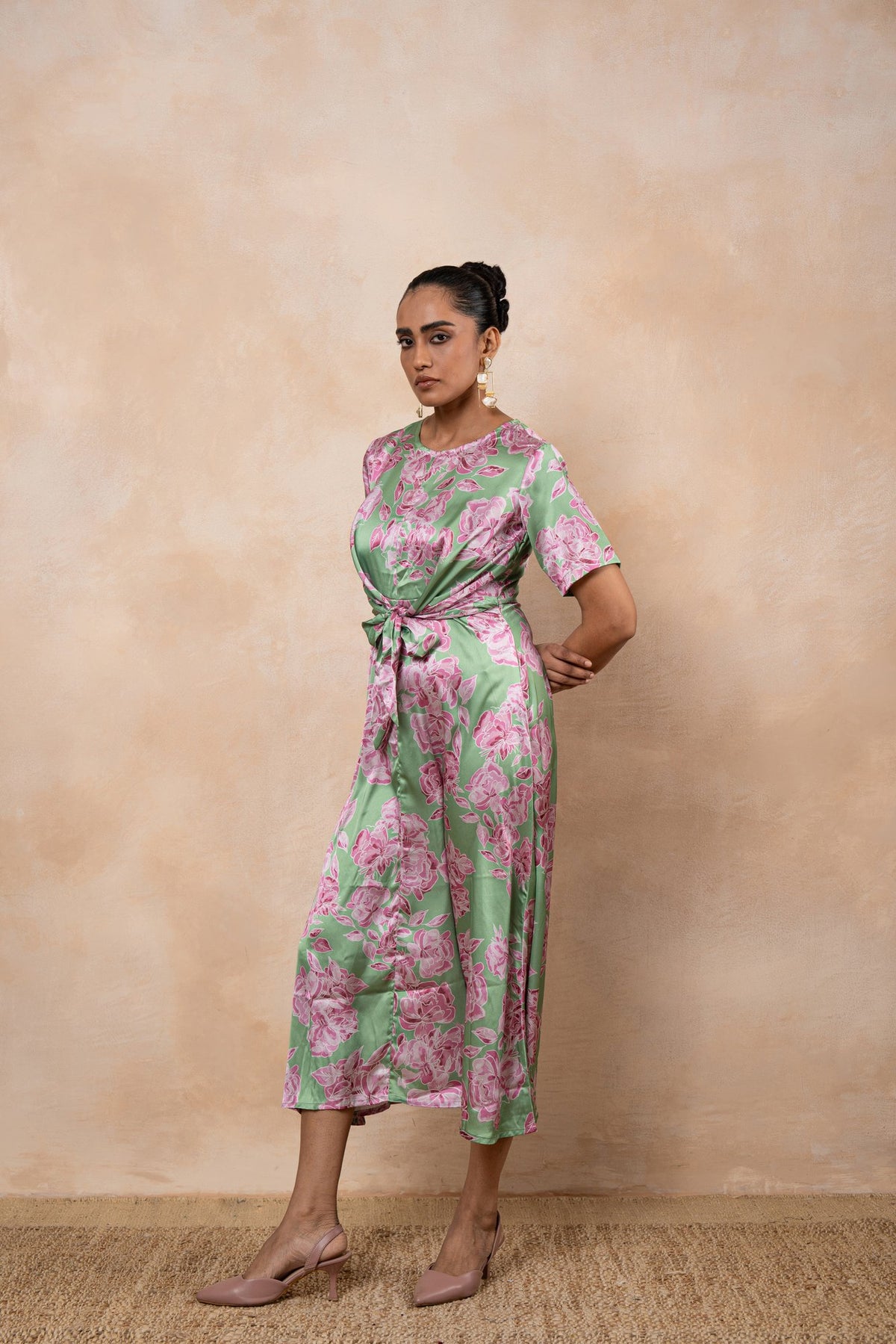 Amara – Mint Green Floral Satin Front-Knot Midi Dress