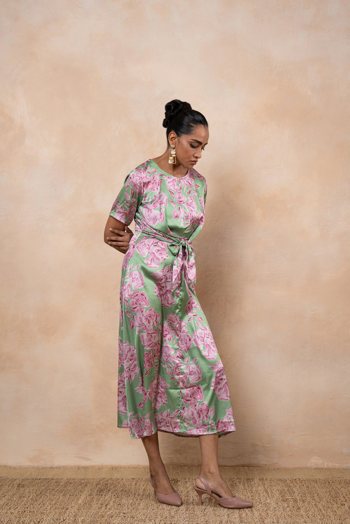 Amara – Mint Green Floral Satin Front-Knot Midi Dress