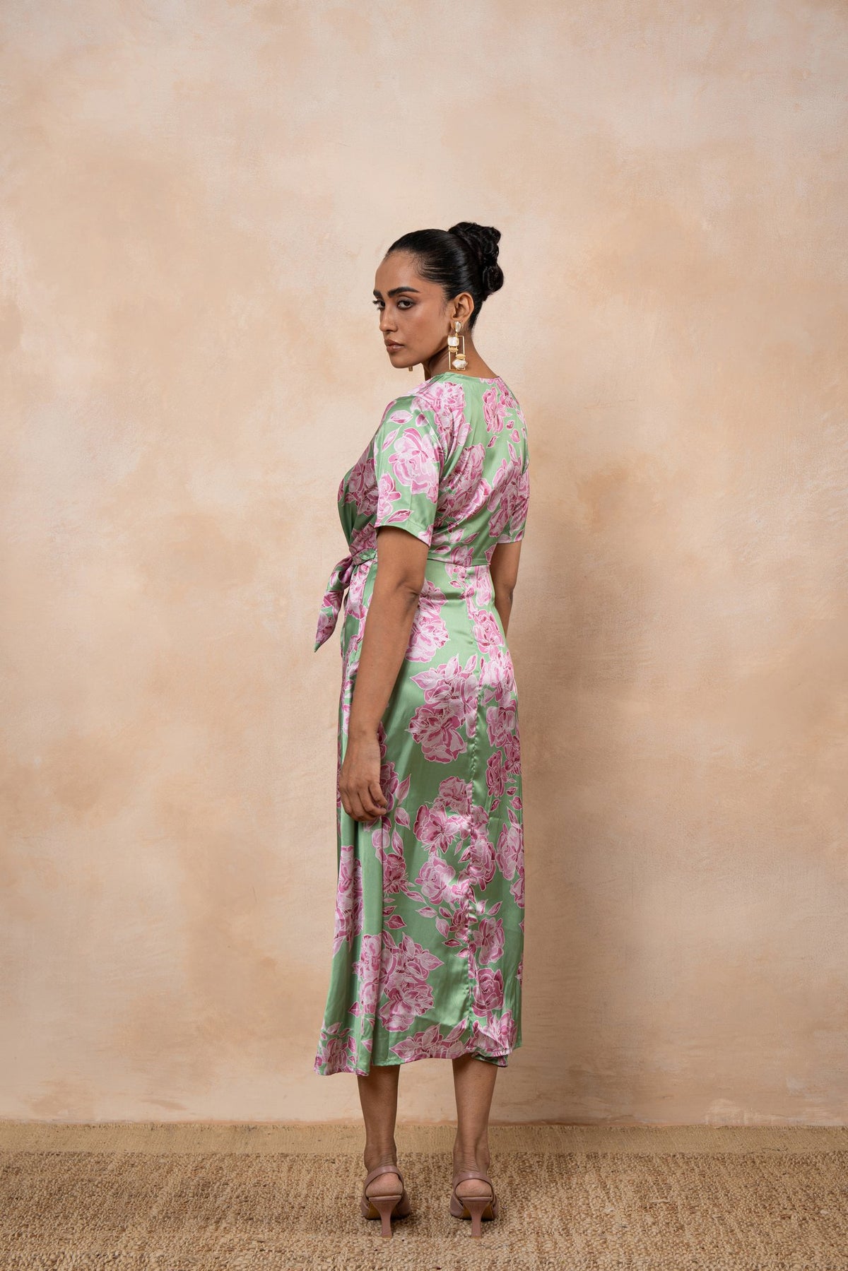 Amara – Mint Green Floral Satin Front-Knot Midi Dress