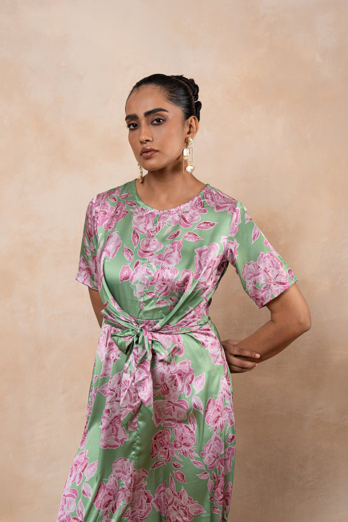 Amara – Mint Green Floral Satin Front-Knot Midi Dress