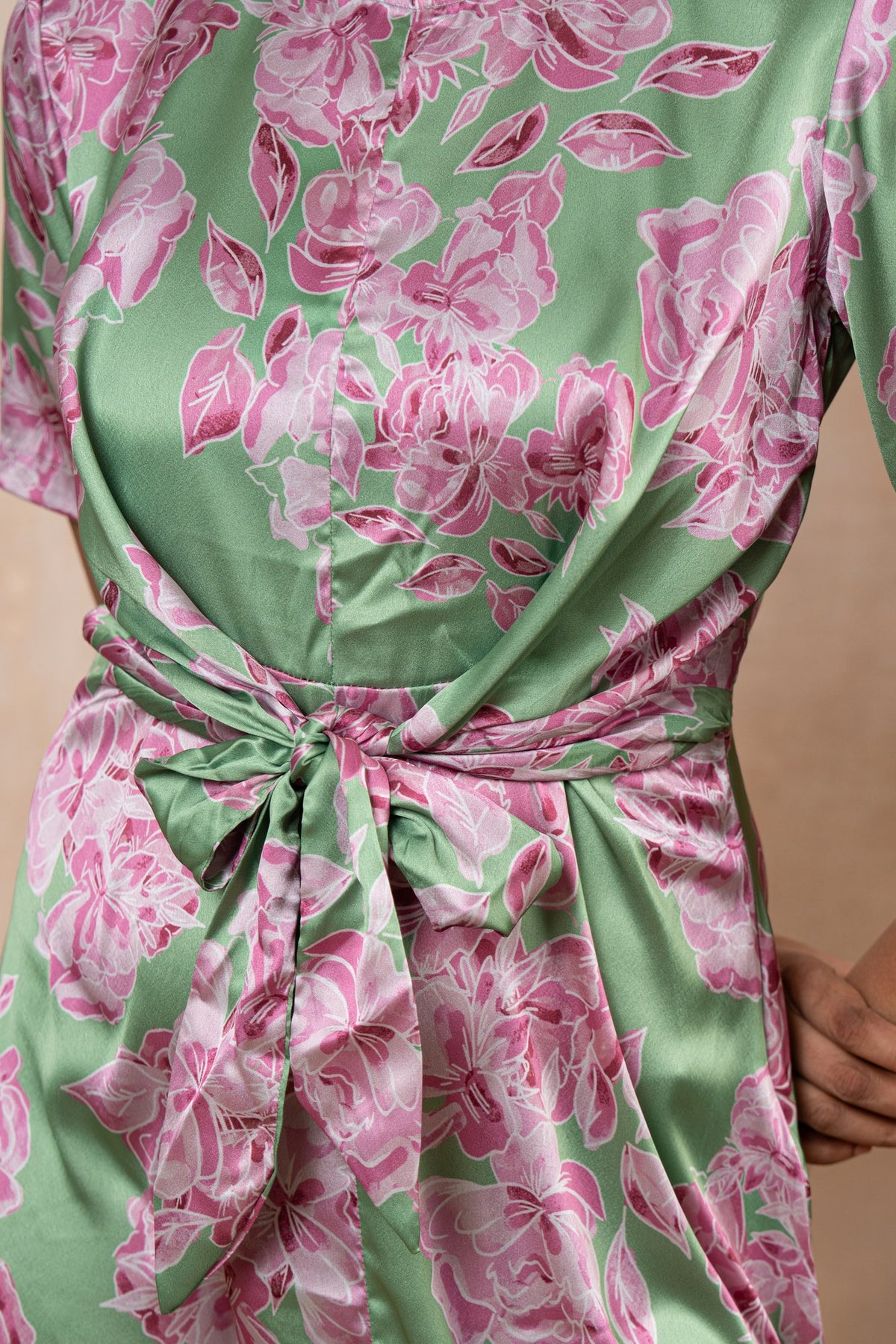 Amara – Mint Green Floral Satin Front-Knot Midi Dress