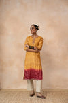 Arunima – Mustard & Maroon Ombre Hand Embroidered Handwoven Tussar Silk Kurta Set