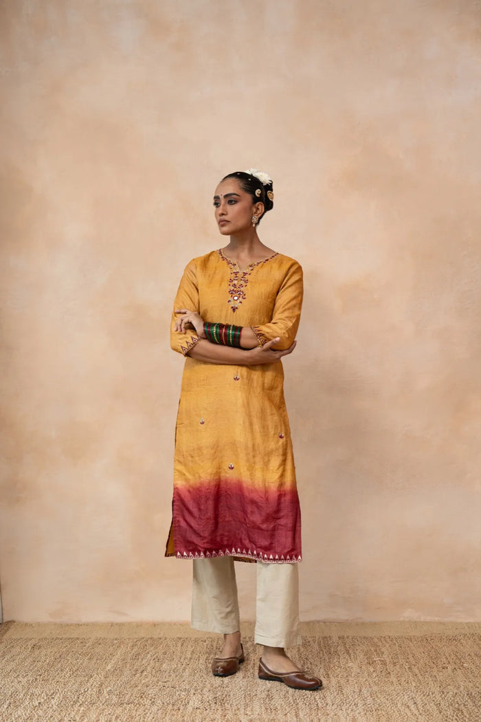 Arunima – Mustard & Maroon Ombre Hand Embroidered Handwoven Tussar Silk Kurta Set