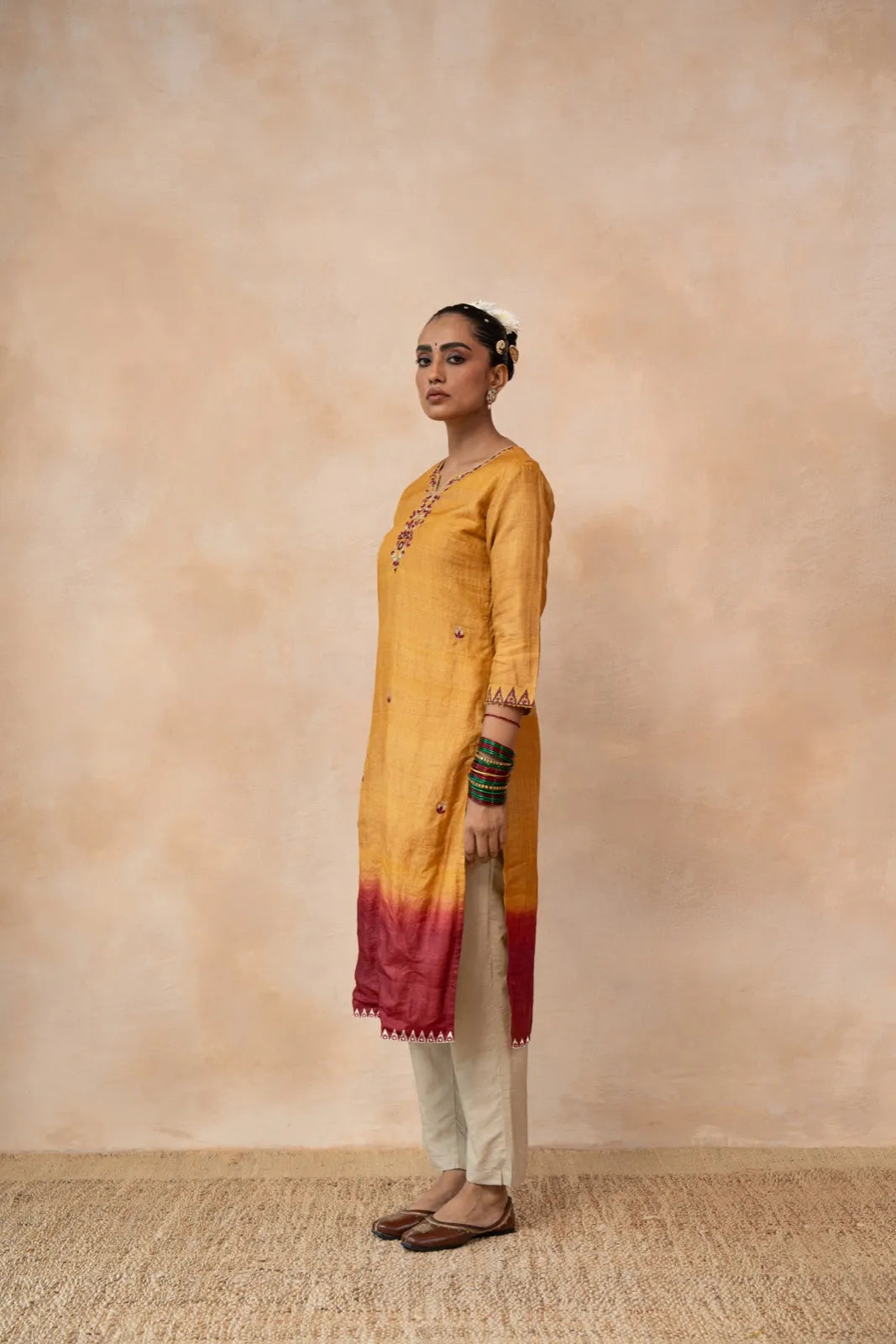 Arunima – Mustard & Maroon Ombre Hand Embroidered Handwoven Tussar Silk Kurta Set