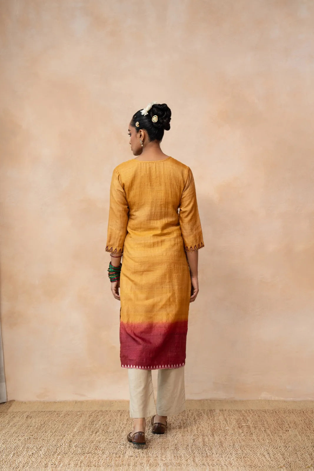 Arunima – Mustard & Maroon Ombre Hand Embroidered Handwoven Tussar Silk Kurta Set