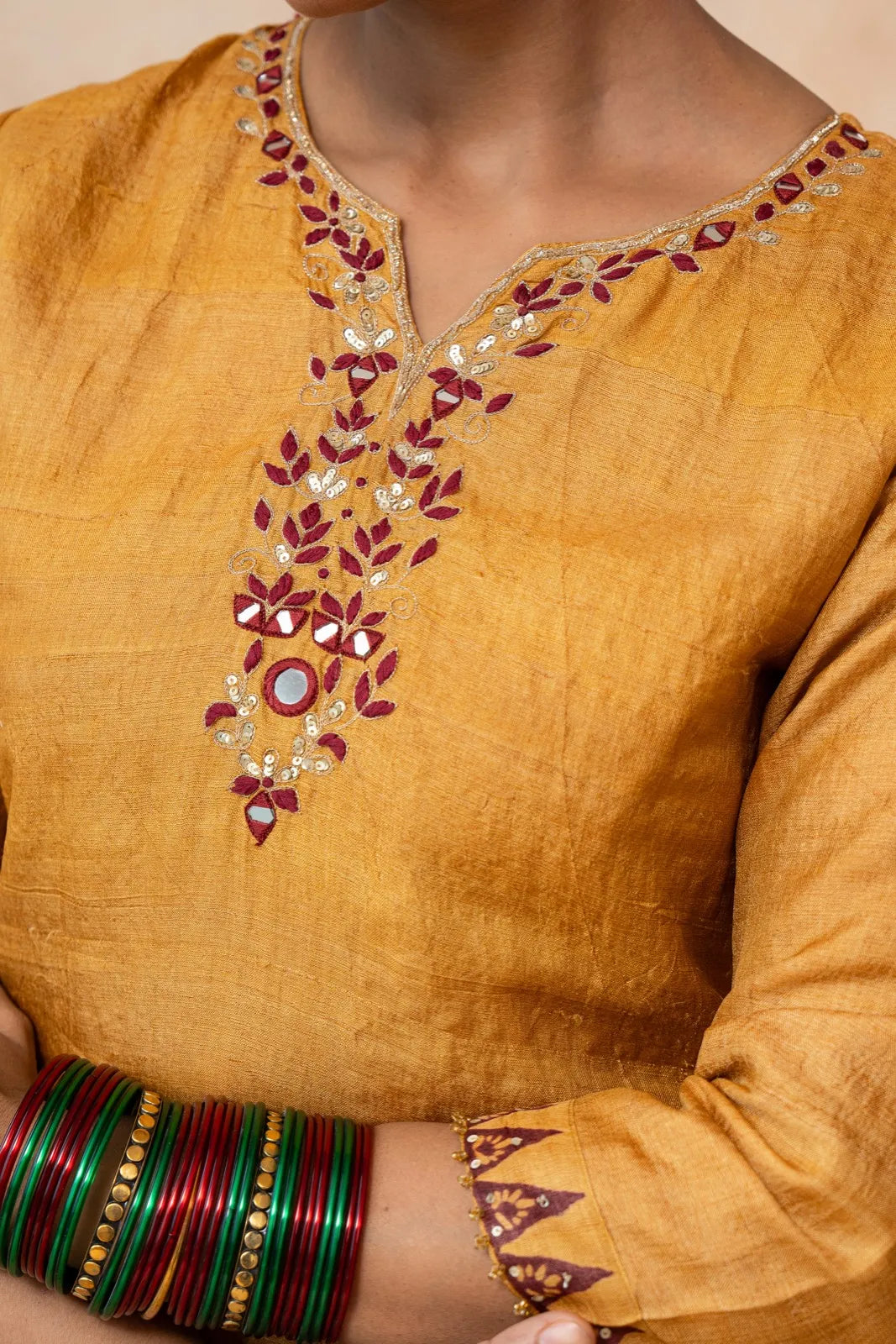 Arunima – Mustard & Maroon Ombre Hand Embroidered Handwoven Tussar Silk Kurta Set