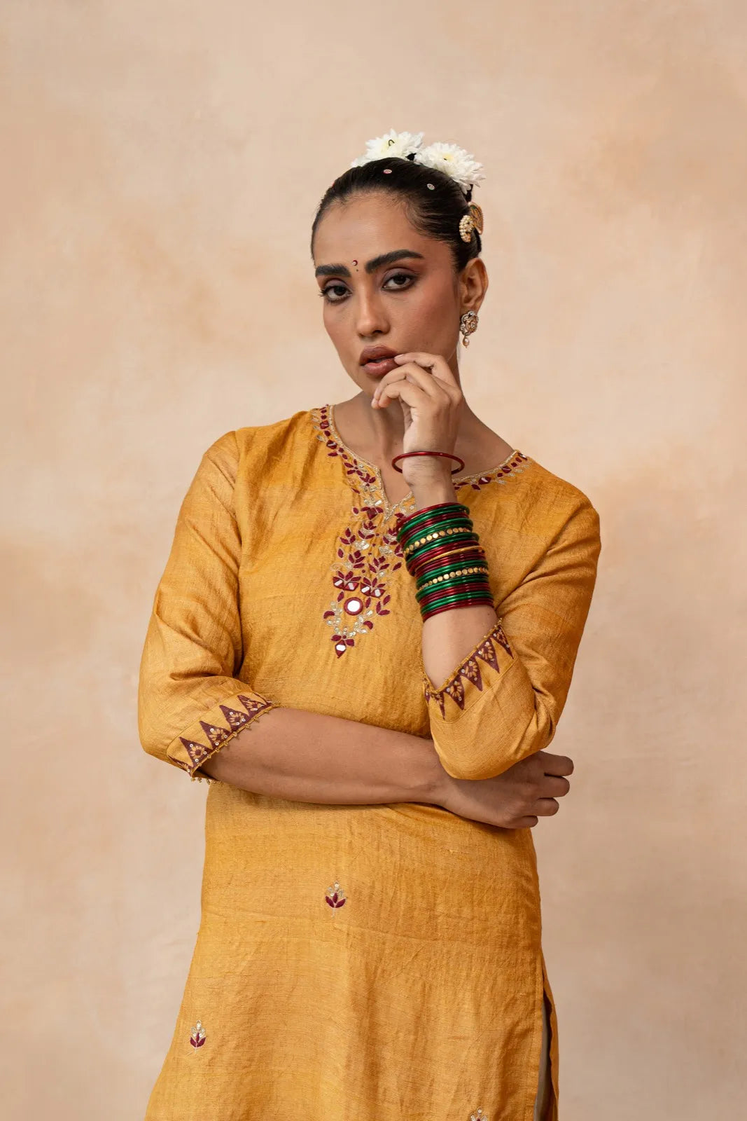 Arunima – Mustard & Maroon Ombre Hand Embroidered Handwoven Tussar Silk Kurta Set