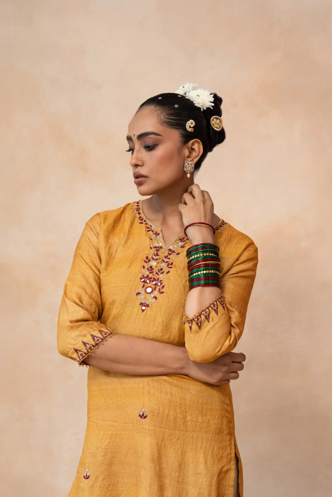 Arunima – Mustard & Maroon Ombre Hand Embroidered Handwoven Tussar Silk Kurta Set